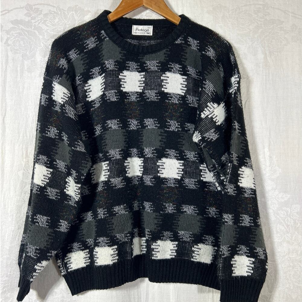 Vintage Sweater Large Black White Gray Geometric Print Crew Neck USA